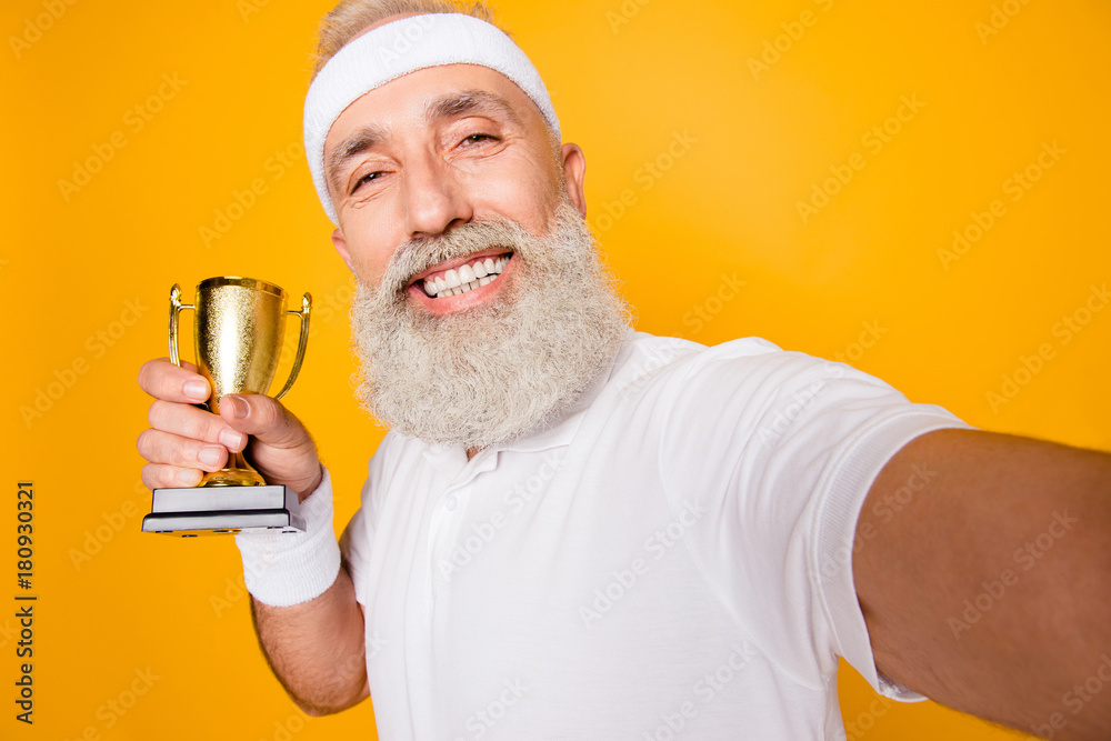Body, health, care, champ, fit, leisure, training, workout, happiness, leadership, motivation, pride, success lifestyle. Emotional cool grandpa with reward, sign of respect, hero, strength, power Body, health, care, champ, fit, leisure, training, workout, happiness, leadership, motivation, pride, success lifestyle. Emotional cool grandpa with reward, sign of respect, hero, strength, power