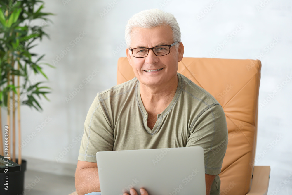Handsome mature man using laptop at home Handsome mature man using laptop at home