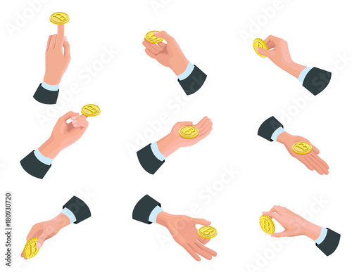 Businessman hand holding bitcoin isometric icons, cryptocurrency golden coin, digital money objects, 3d vector illustration of modern financial symbols