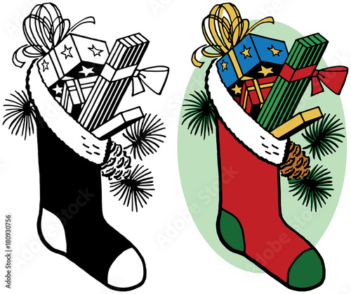 A Christmas stocking stuffed with wrapped presents.