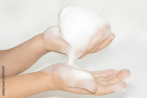 foam on hand isolated on white background
