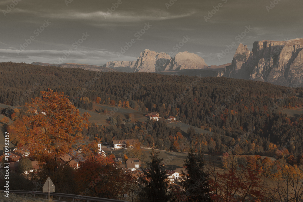 Sunset on Renon/Ritten plateau with dolomites background color isolation effect, Alto Adige/South Tyrol, Italy