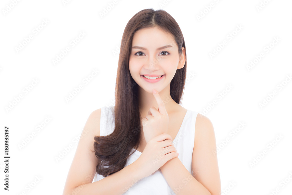 Portrait of beautiful asian woman makeup of cosmetic, girl hand touch mouth and smile attractive, lips beauty perfect with wellness isolated on white background with healthcare concept. Portrait of beautiful asian woman makeup of cosmetic, girl hand touch mouth and smile attractive, lips beauty perfect with wellness isolated on white background with healthcare concept.