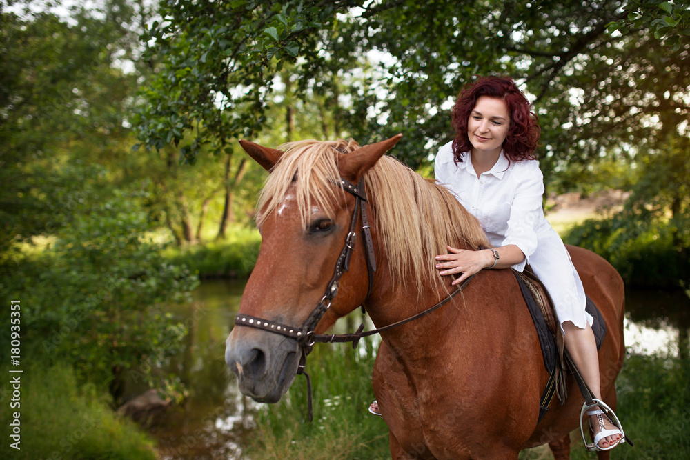 Beautiful woman is riding a horse. Summer meadow.