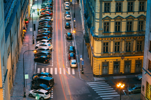 Photography Prague, Czech Republic. Top View Of Traffic And Parked Cars On T