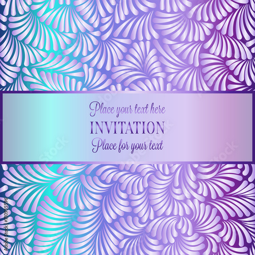 Romantic background with antique, luxury mint green, purple and pink pastel tones vintage frame, victorian banner, made of feathers wallpaper ornaments, invitation card, baroque style booklet