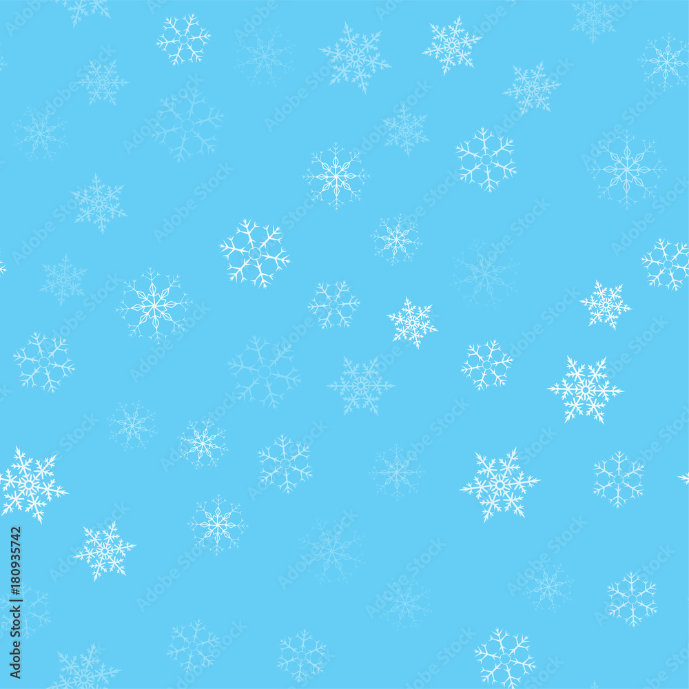 Christmas abstract background from white snowflakes on blue. Seamless pattern for design cards, posters, greeting for the new year.