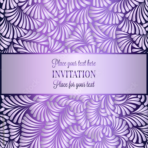 Romantic background with antique, luxury shiny lilac vintage frame, victorian banner, made of feathers wallpaper ornaments, invitation card, baroque style booklet,template for design