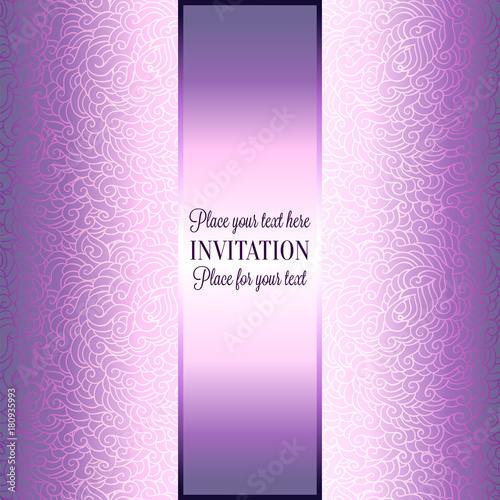 Romantic background with luxury purple and lilac vintage frame, victorian banner, made of feathers wallpaper ornaments, invitation card, baroque style booklet, fashion pattern