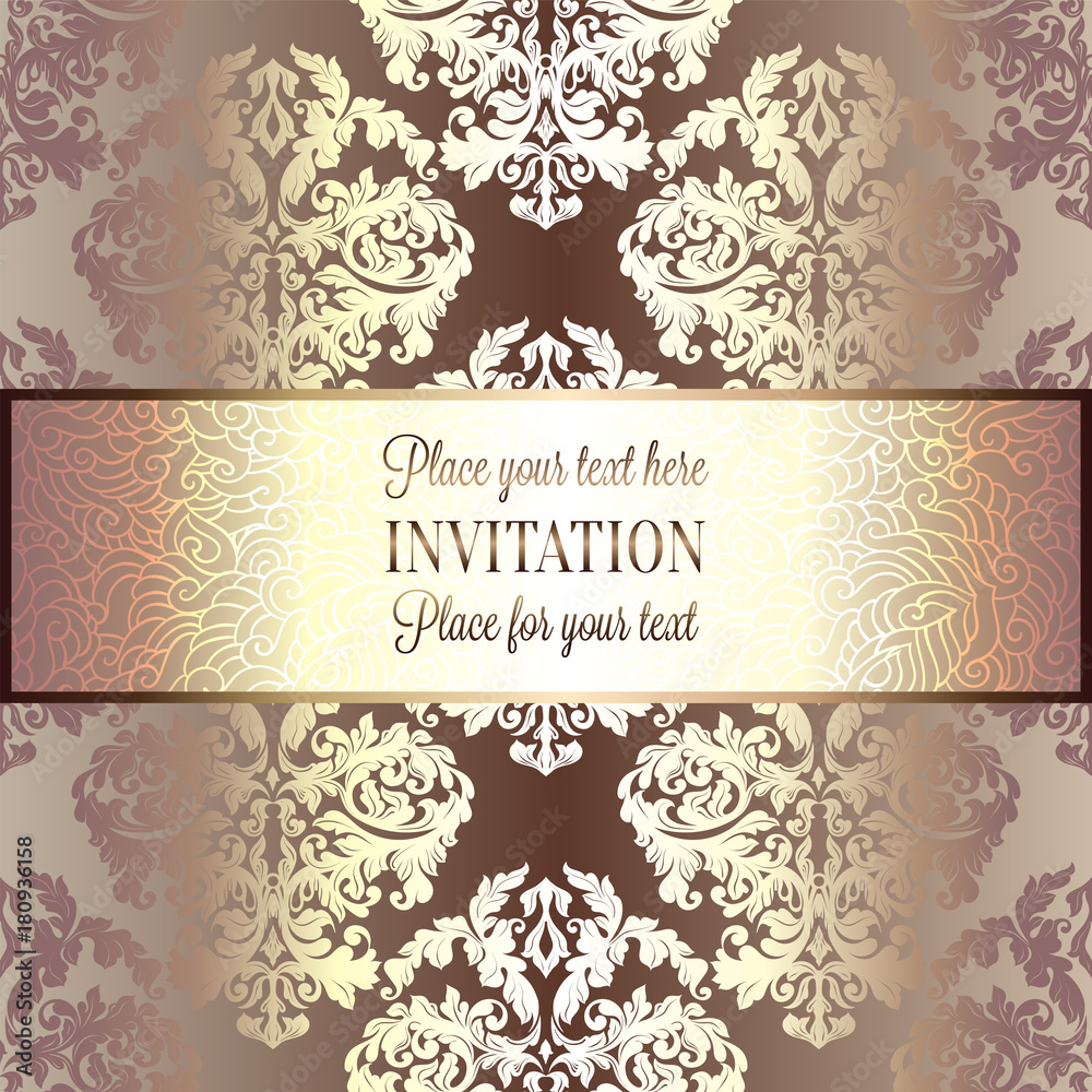 Baroque background with antique, luxury beige and gold vintage frame, victorian banner, damask floral wallpaper ornaments, invitation card, baroque style booklet, fashion pattern, template for design
