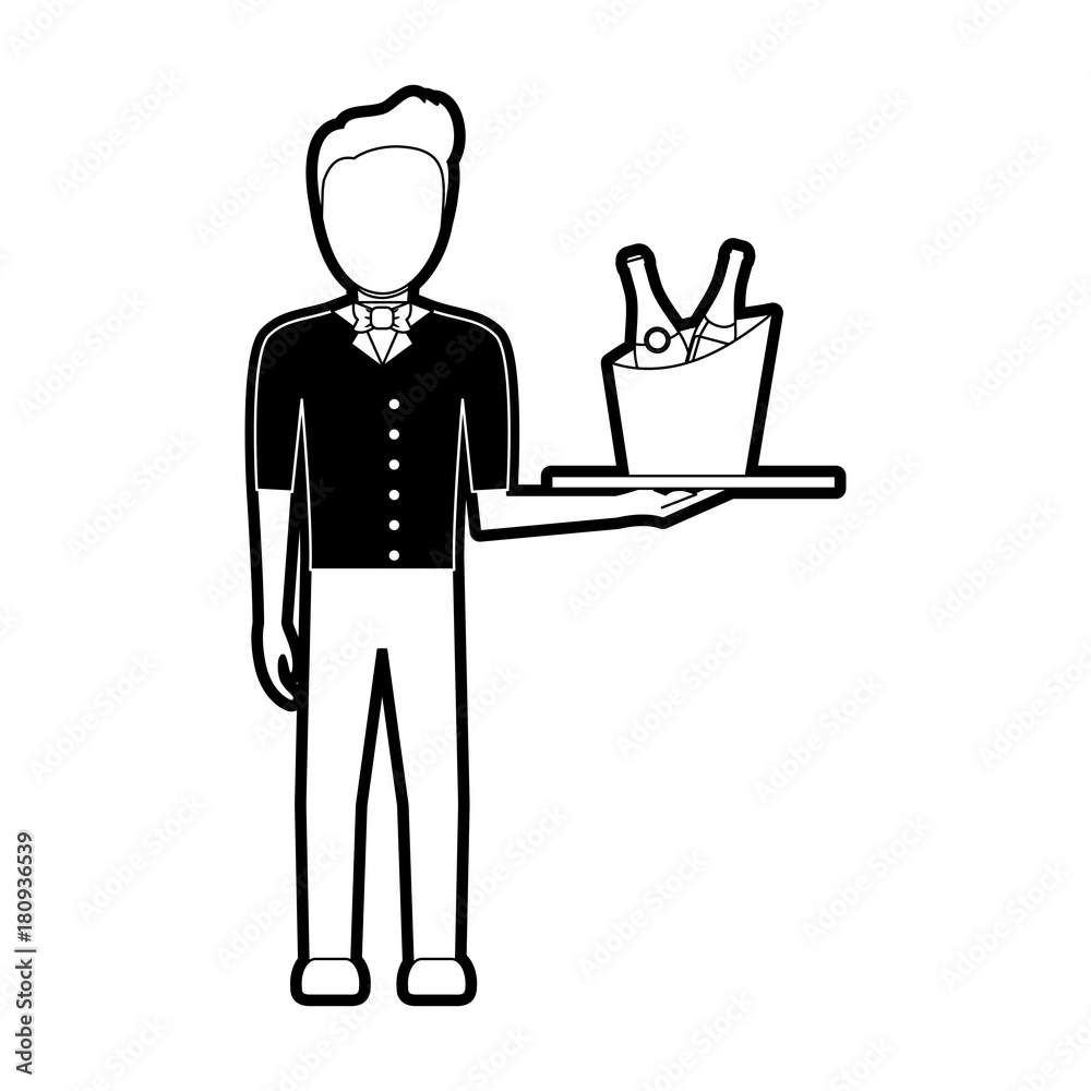 flat line monochromatic waiter man with wine cooler over white background vector illustration flat line monochromatic waiter man with wine cooler over white background vector illustration