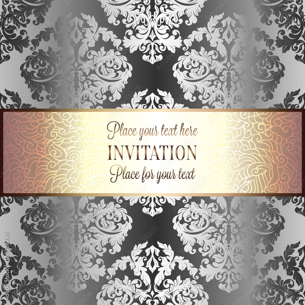 Baroque background with antique, luxury silver and gold vintage frame, victorian banner, damask floral wallpaper ornaments, invitation card, baroque style booklet, fashion pattern
