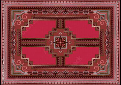 Luxurious ethnic carpet with red in the middle and a patterns with gray and dirty pink shades along the edges

