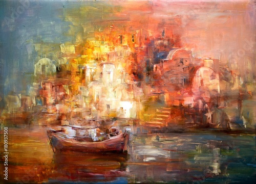 Fototapeta Naklejka Na Ścianę i Meble -  Boats On The Island Harbor,handmade Painting