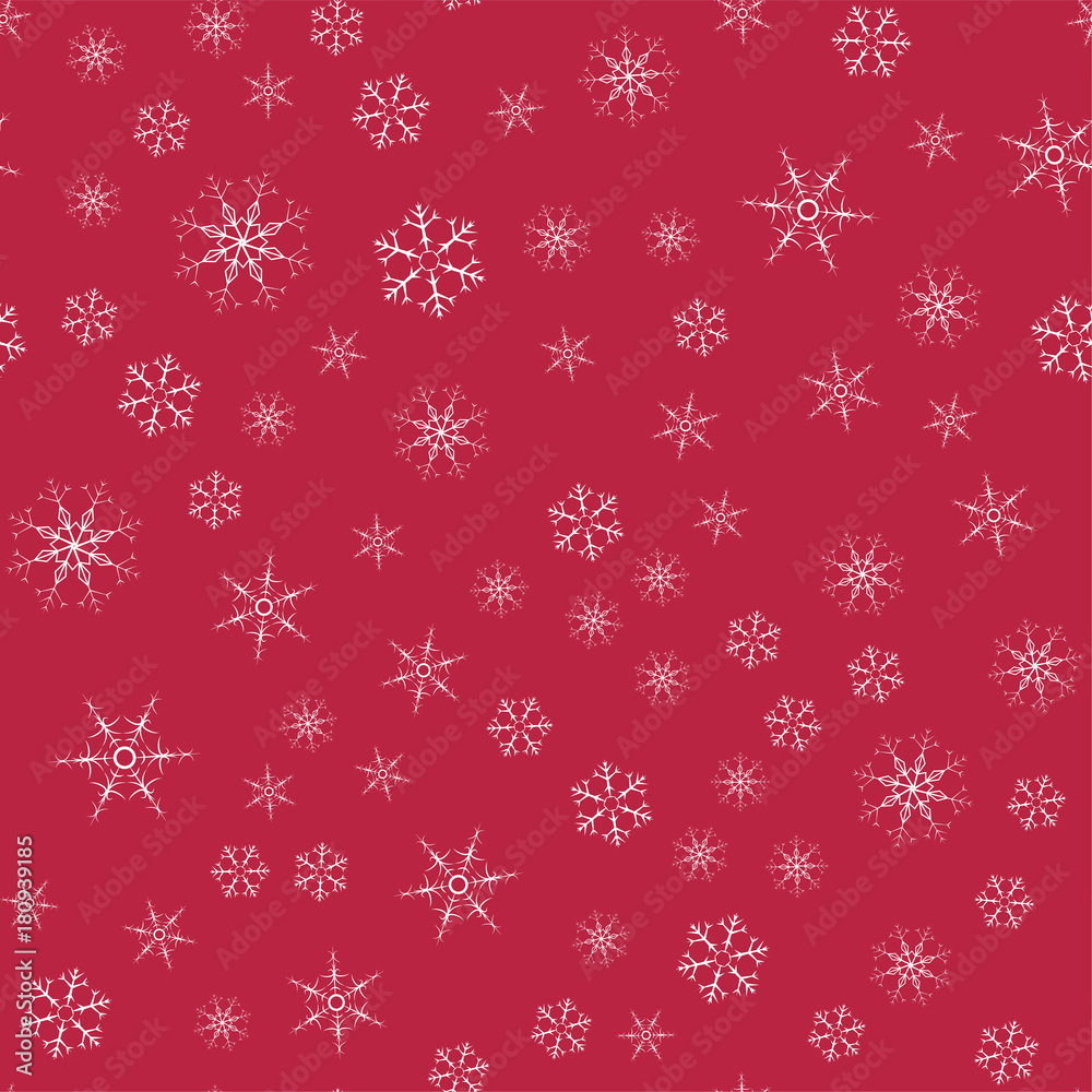 abstract seamless pattern Christmas background of snowflakes on a red. For design of cards, invitations, greeting for the new year.