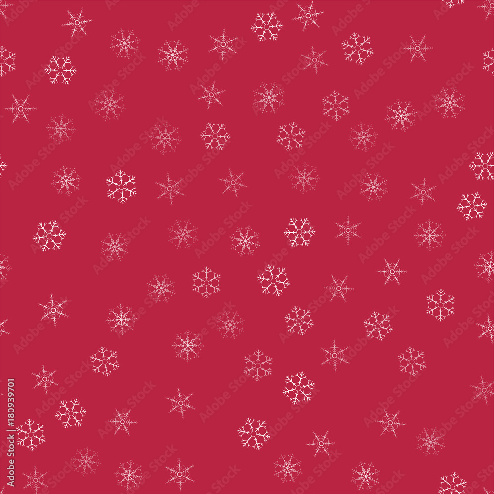 abstract seamless pattern Christmas background of snowflakes on a red. For design of cards, invitations, greeting for the new year.