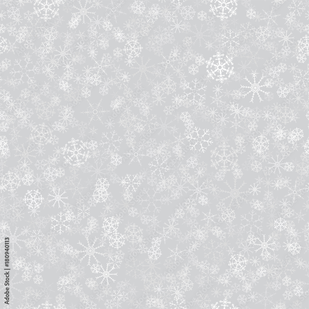 seamless pattern from white snowflakes on the grey background. Texture for cards, greeting, Christmas, new year, holiday, party