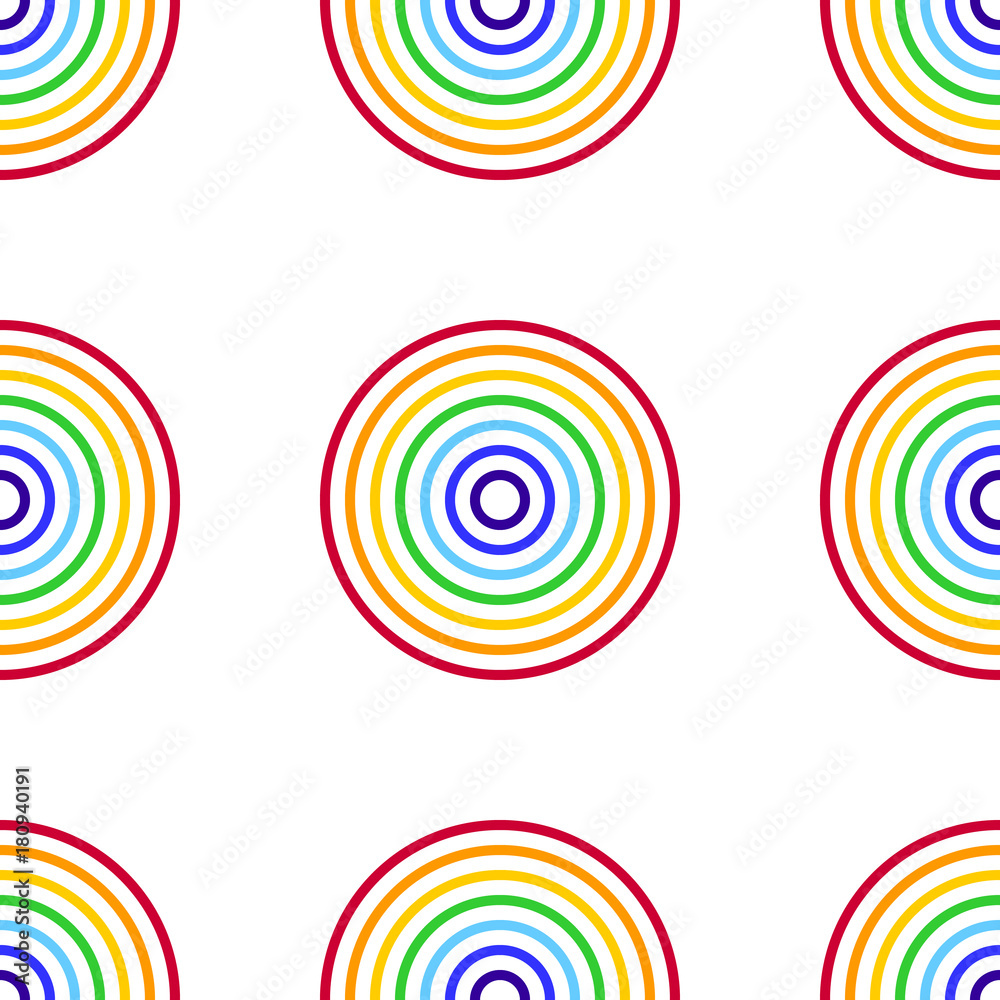 Abstract vector seamless pattern with rainbow circles on white background. Flat illustration of targets. Color image with geometric figures. Hipster filing. Cute and beautiful print. Abstract vector seamless pattern with rainbow circles on white background. Flat illustration of targets. Color image with geometric figures. Hipster filing. Cute and beautiful print.