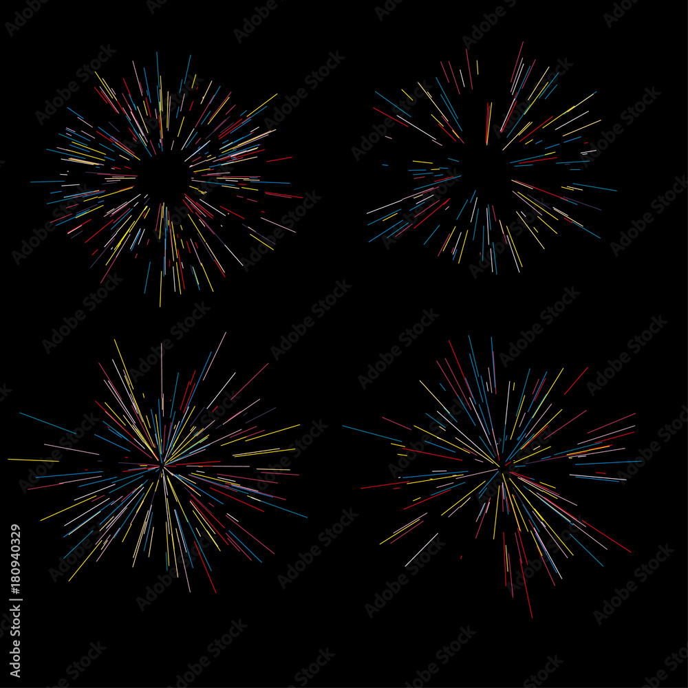 Fototapeta premium Colorful fireworks Radiating from the center of thin beams, lines. Dynamic style. Abstract explosion, speed motion