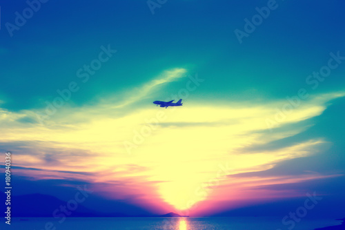 soft and blur focus airplane with colorful sky