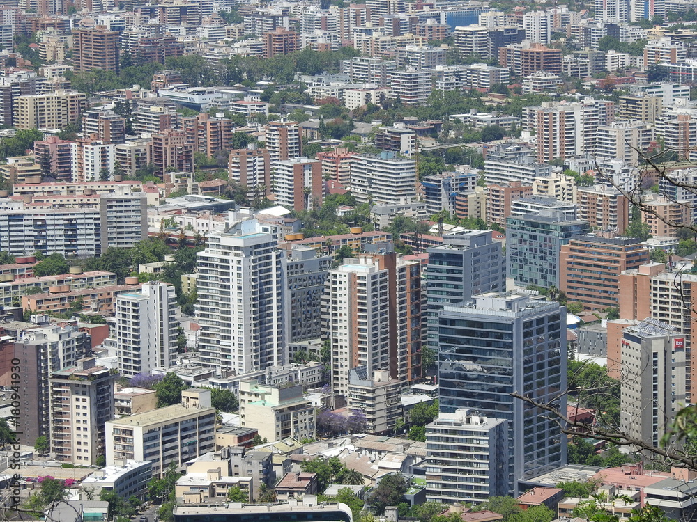 Fototapeta premium Aerial view of skyscrapers in Santiago, Chile