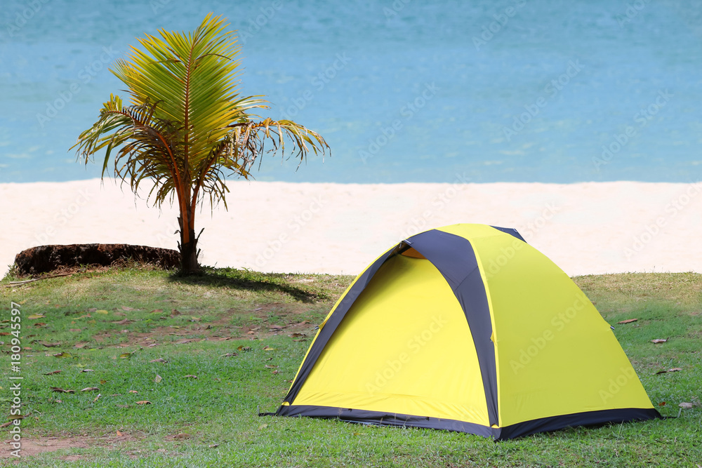 Camping on the white sand beach with ocean background