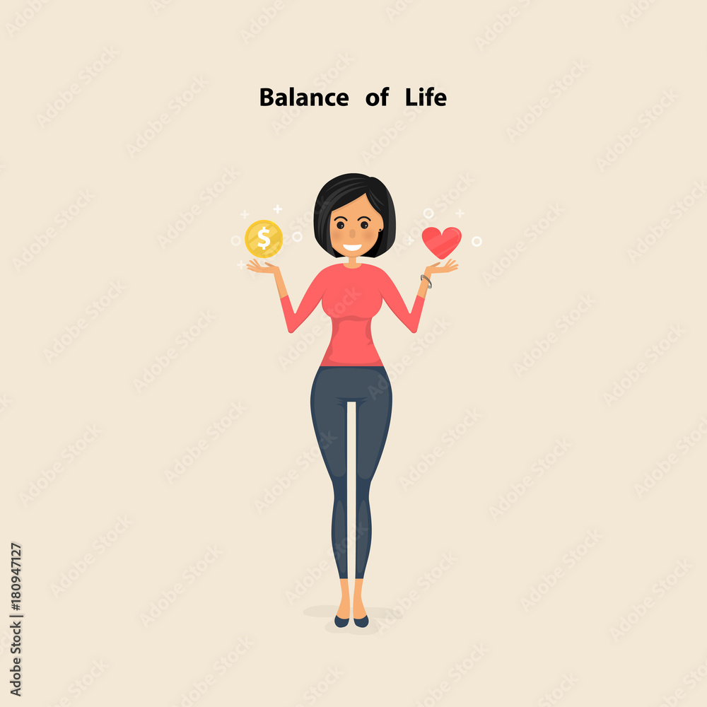 Pretty woman,Young woman with the golden coins and red heart icon on her hand.Concept of work and life balance. Pretty woman,Young woman with the golden coins and red heart icon on her hand.Concept of work and life balance.