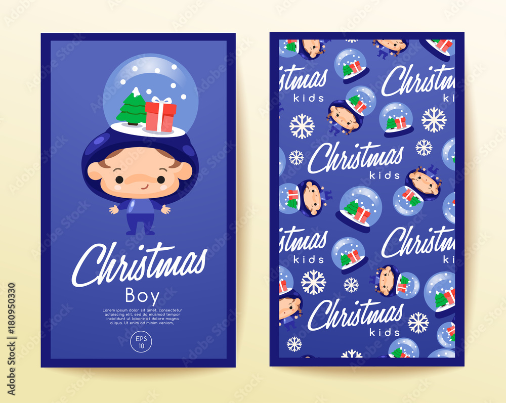 Obraz premium Boy and girl wearing Christmas fancy hat : Vertical Card Template : Vector Illustration