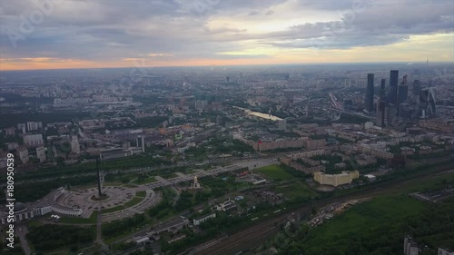 sunset sky moscow city poklonnaya hill park cityscape aerial panorama 4k russia
