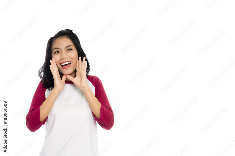 Beautiful asian woman is yellng, portrait studio on white background Beautiful asian woman is yellng, portrait studio on white background