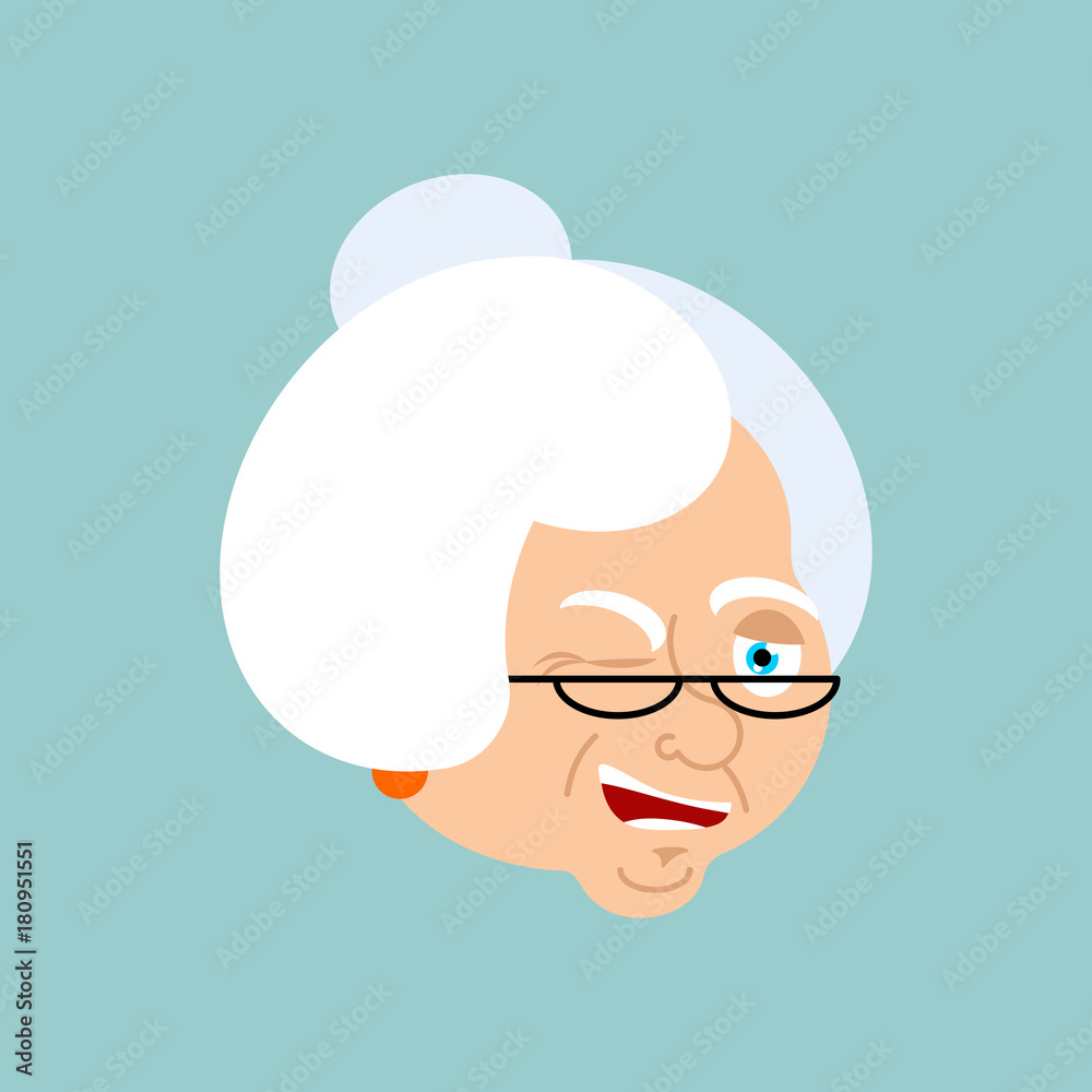 Grandmother winks emotion avatar. Face Grandma merry emoji. Old lady Vector illustration