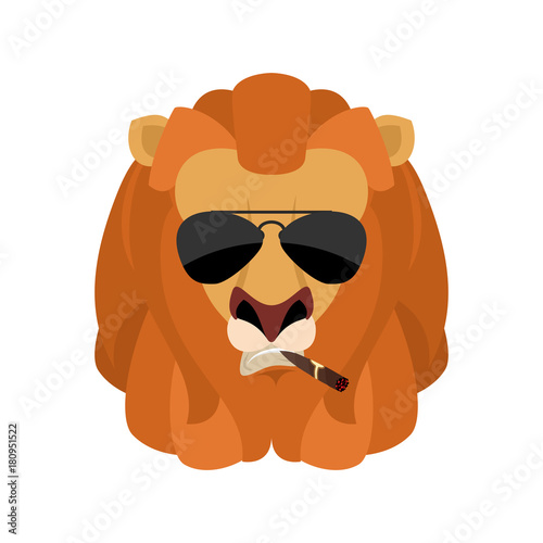 Lion Cool serious avatar of emotions. Wild animal smoking cigar emoji. Beast strict. Vector illustration