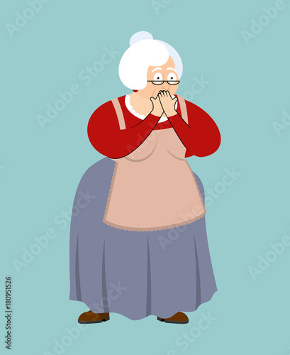 Grandmother OMG scared. Grandma Oh my God emoji. Old lady Vector illustration