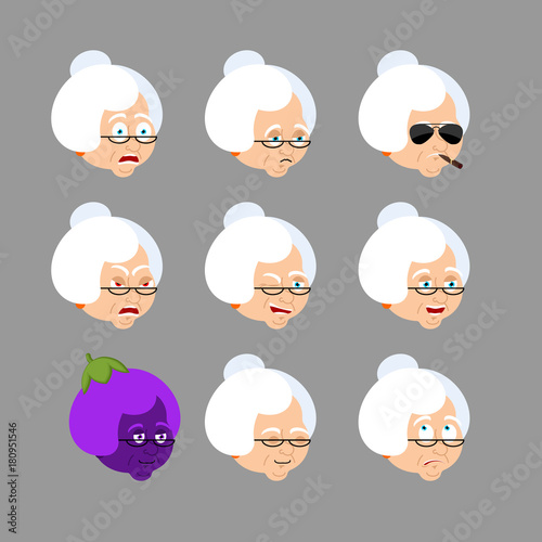 Cat set emoji avatar. sad and angry face. guilty and sleeping. Pet sleeping  emotion face. Kitty Eggplant. Vector illustration Stock Vector