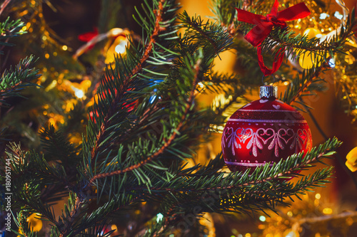 close up of christmas tree red decoration ball, xmas background