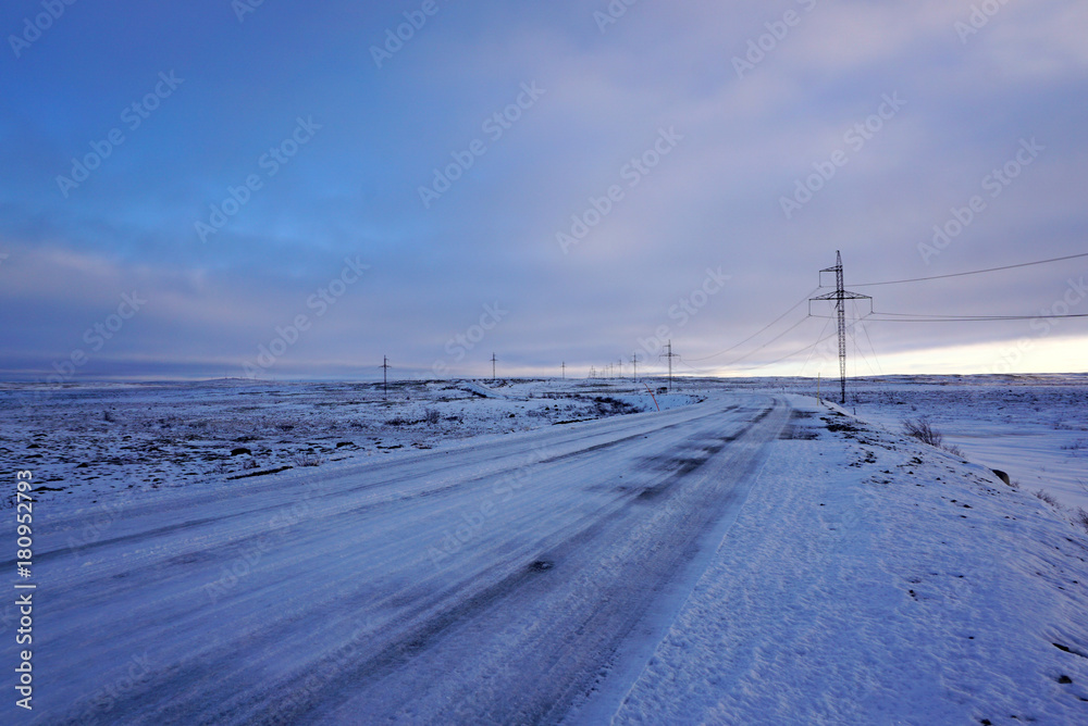 Tundra landscape cover with snow in early Winter on the way from Murmansk to Teriberka