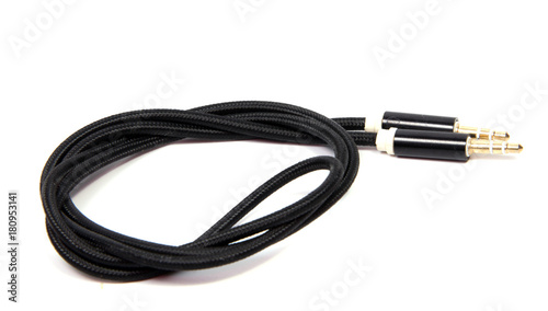 black sound cable with 3.5 mm audio jack isolated on white background