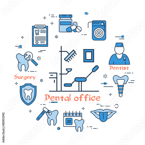 Blue round banner - dental office and equipment