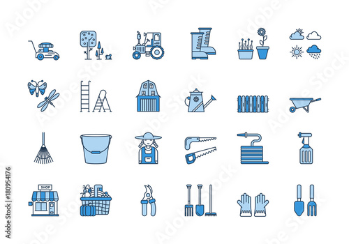 06 Blue linear GARDENING icons set