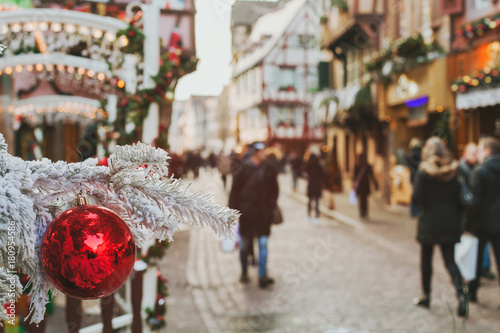Fototapeta Naklejka Na Ścianę i Meble -  streets decorated for christmas in european city in December