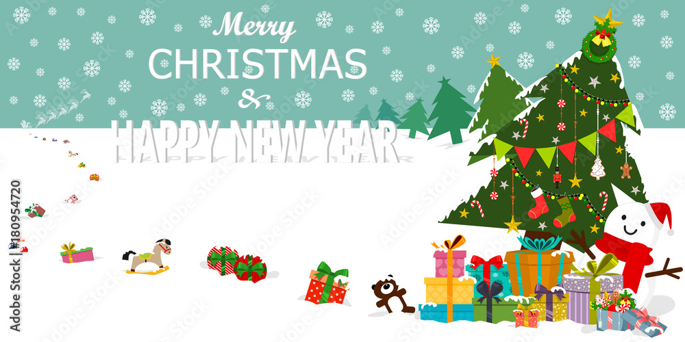 Greeting cards, poster or banner. Presents and gifts from Santa Claus. Santa Claus dropping present boxes and gifts along his way. Snowman with decorated tree and colorful packaged present boxes.