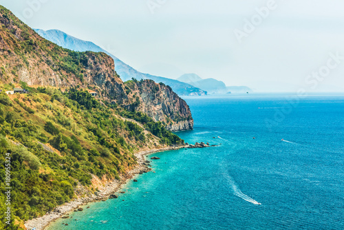 View of the rocky coast of the Adriatic Sea in the area of the Budva Riviera, Montenegro.