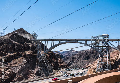 Engineering structures of Hoover Dam, Nevada. Arched bridge over the Colorado River. Aerial view