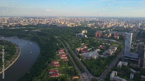 moscow sunset light university district sparrow hills aerial panorama 4k russia

