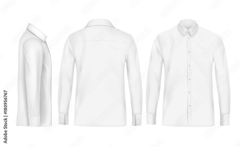 White male shirt with long sleeves and buttons in front, back and side ...