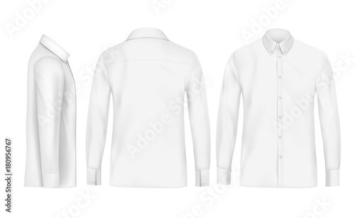 White male shirt with long sleeves and buttons in front, back and side view, isolated on a gray background. 3D realistic vector illustration, pattern formal or casual shirt photo