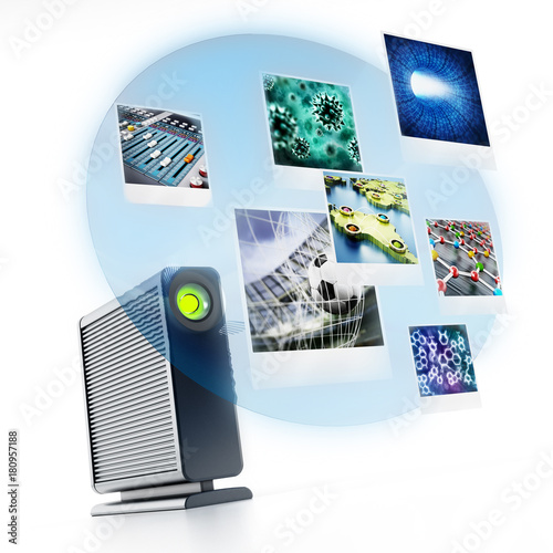 External hard drive with projected photos. 3D illustration