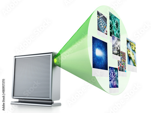 External hard drive with projected photos. 3D illustration