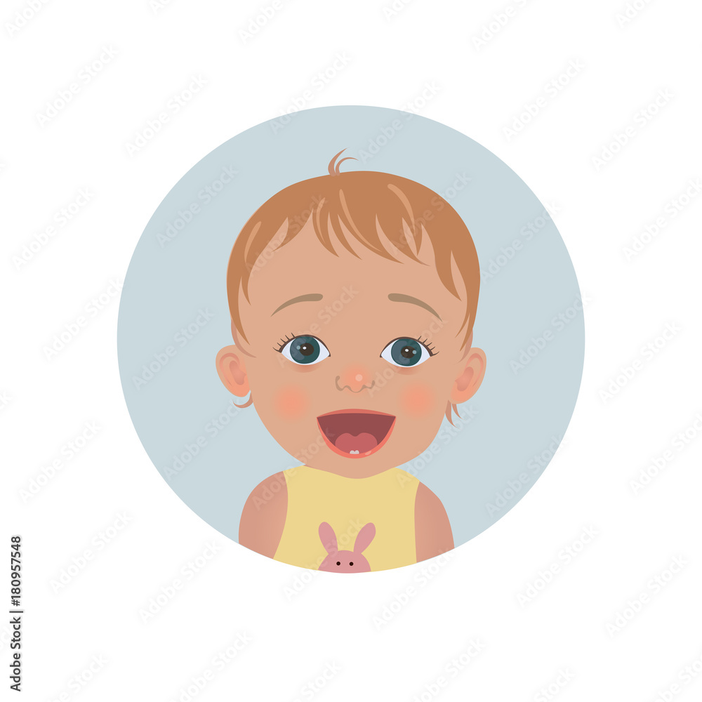 Cute surprised baby emoticon. Astonished child smiley icon.  Amazed kid expression vector illustration
