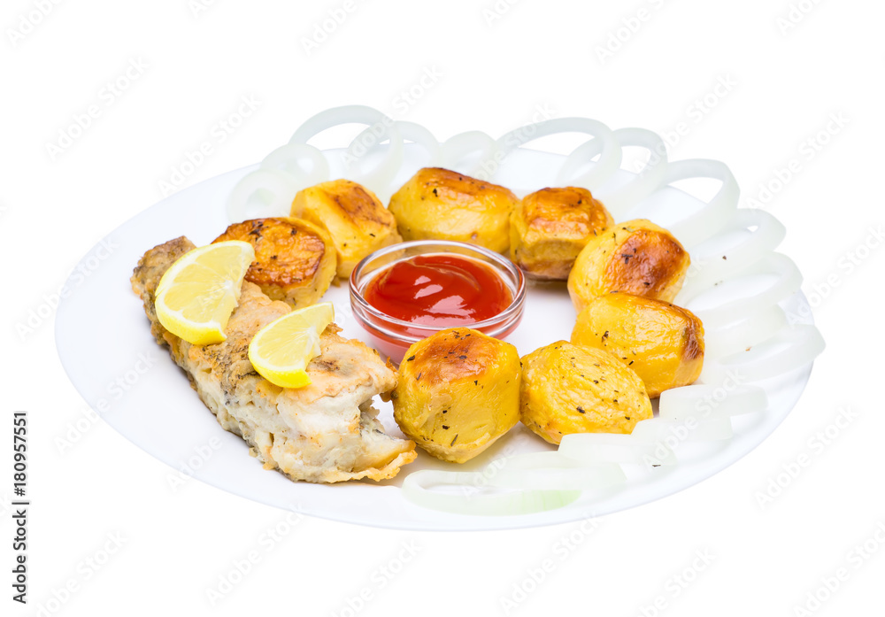 Fried fish with potatoes and chopped onions with ketchup. Isolate Fried fish with potatoes and chopped onions with ketchup. Isolate